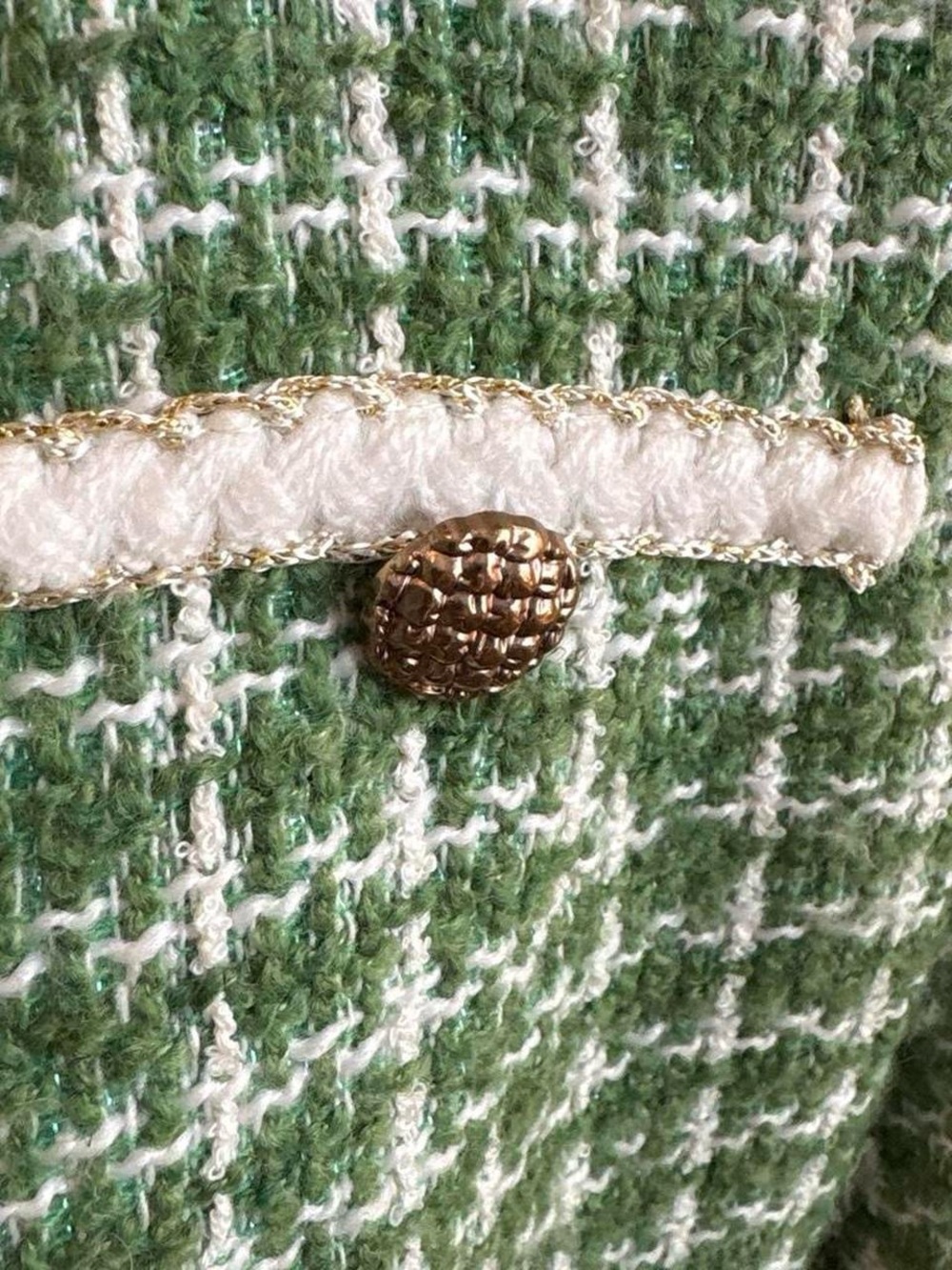 Green Tweed Button-Front Jacket with Cream Trim - Picture 4 of 7